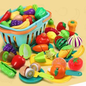 72Pcs Cutting Play Food Toy for Toddlers Kitchen, Fake Food for Kids Play Kitchen, Includes Plastic Fruit &Vegetables, Storage Basket, Mini Dishes and Knife, Pretend Play Toys, Toddler Gifts